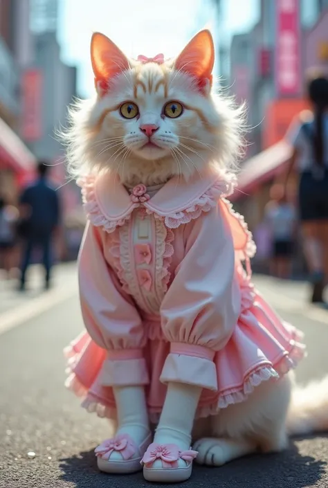 Super realistic cat wearing pastel colored lolita clothes, with a curly wig like the hair of a porcelain doll, wearing doll style shoes and cute white socks, The setting is in Harajuku