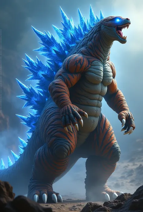 "A powerful hybrid creature combining the features of a fierce tiger and the legendary Godzilla. The creature has the muscular, striped body of a tiger with a large, robust build. Its face is a blend of a tigers snarling expression and Godzillas iconic, re...