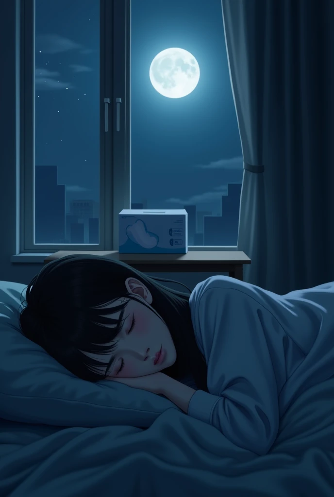 Asian girl is sleeping peacefully on the bed, there is a table behind her, the moonlight will shine on the table, there will be a box of sanitary pads on the table. the room is dark, only the moonlight will be bright, and the whole room will be visible