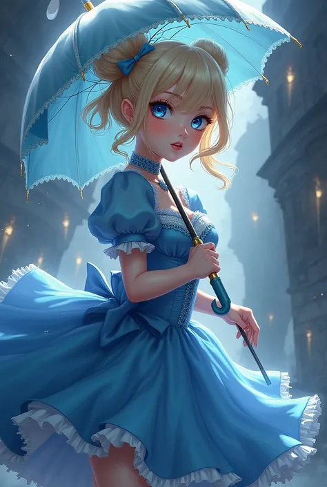 Create an anime style with a big blue dress that has an umbrella with a sniper tip on the end of the umbrella, she has a blonde bun and her eyes are blue.