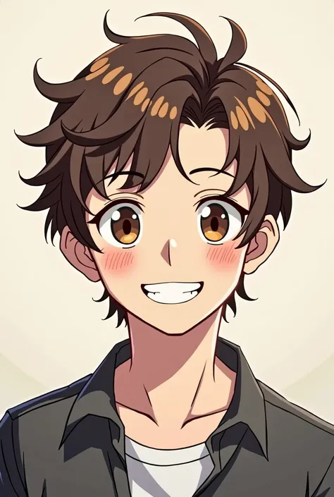 30-year-old male、Mash hairstyle、Brown Hair、Perm、smile、Casual clothes、Anime Style