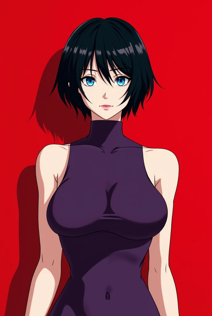 Tomboyish woman with a short black hair, white skin and bright blue eyes, beautiful face, wearing a deep purple body suit, icon style, red background, Kentaro Miura art style