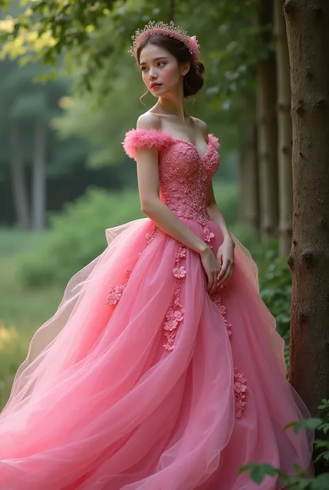 a woman in a pink dress standing next to a tree, wearing a pink ballroom gown, wearing a pink dress, dressed in a pink dress, wearing pink floral gown, pink dress, wearing pink romantic tutu, ayaka cosplay, chiho ashima, brilliant pink ball gown, young wom...