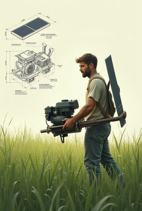 A blue print of  a grass cutter connected with solar panel 
A men carrying  it and cutting grass  
Grass cutter as a handle and engine and panel at back as if hes holding a stick of blade
Make the back less modern and simple
At back of him