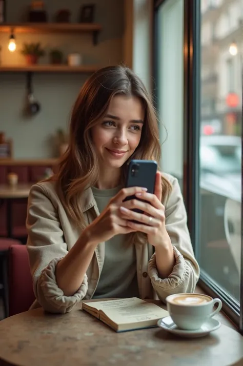 A woman in her 20s who takes selfies at a cafe, a natural, real, seemingly posted on SNS, and only her upper body and face appear in a suitable composition. 