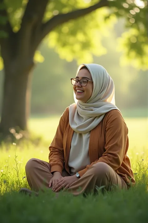 Young mother in hijab, a little fat but still ideal, Beautiful, sweet, bespectacled, sitting smiling under a shady tree, green grass, beautiful background scenery, Photography