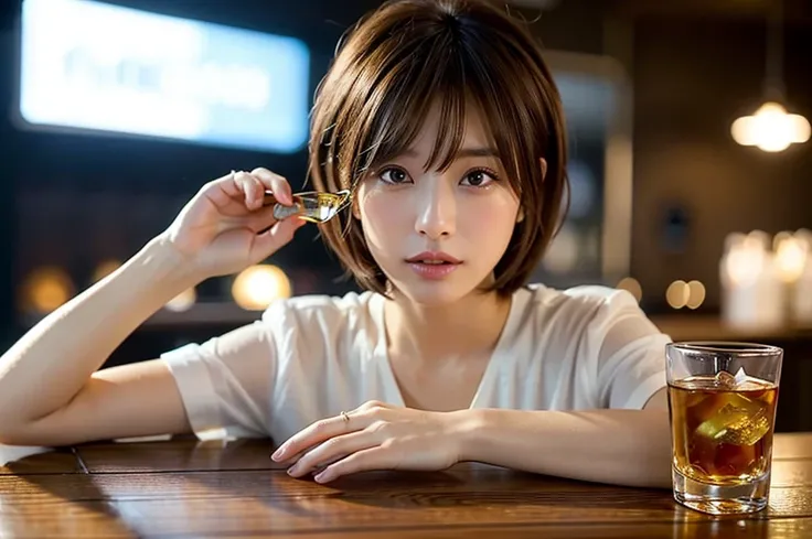 8k,Brown short hair,Japanese actress,Super Beauty(Like the real thing),Short sleeve dress,Whiskey bottles、The Macallan、Johnnie Walker、、Old Parr、whiskey、Suntory、Nikka、Slim Couple、Model Couple、(Realistic, Intricate details:1.2), full-course dinner、Whiskey bo...