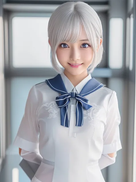 NSFW,Correct human anatomy,A young beautiful Japanese girl with short platinum silver hair,large clear eyes,droppy eyes,a balanced gaze,and a sweet smile,(wearing a detailed stewardess uniform:1.25),highly detailed and realistic,8k,ultra-detailed,photoreal...