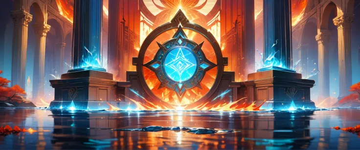 fantasy art, an epic ancient temple of god of light, with towers, holy symbols, glass artwork, pillars of fire, stream of water, sense of awe, admiration, divinity, symmetric design