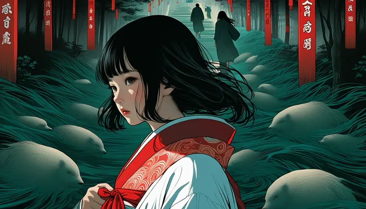 An illustration、art、Horror, Supervised by Junji Ito、Attention to detail, Realistic shadows、Analog Style, chromatic aberration, Surrealism、Shrine maiden、shrine