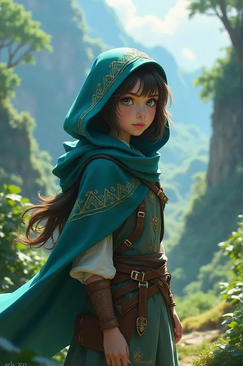 a brunette girl with a hooded cape in the universe of the legend of zelda