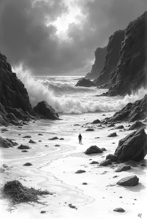 To visualize the poem "Gabu," imagine a black-and-white sketch showing a wild, restless sea crashing against a lonely, rocky beach. The waves are rough and fierce, battering the shore over and over. The beach stretches out into the distance, where the rock...