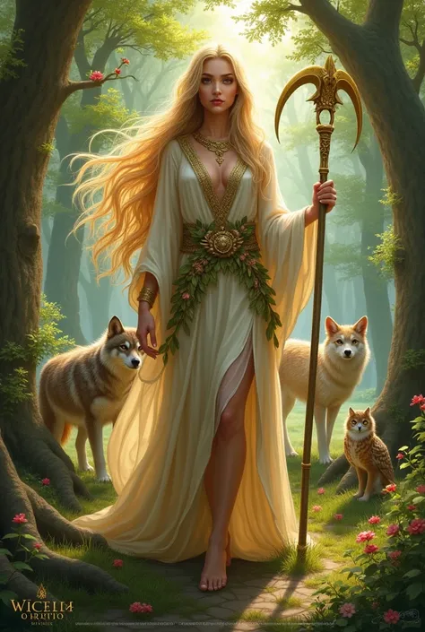 Create an image of Wicanna, the goddess of druids. She is a serene and majestic figure with long, straight hair that flows down to the ground, shimmering like strands of gold. Wicanna wields a golden sickle, symbolizing her connection to nature and the cyc...