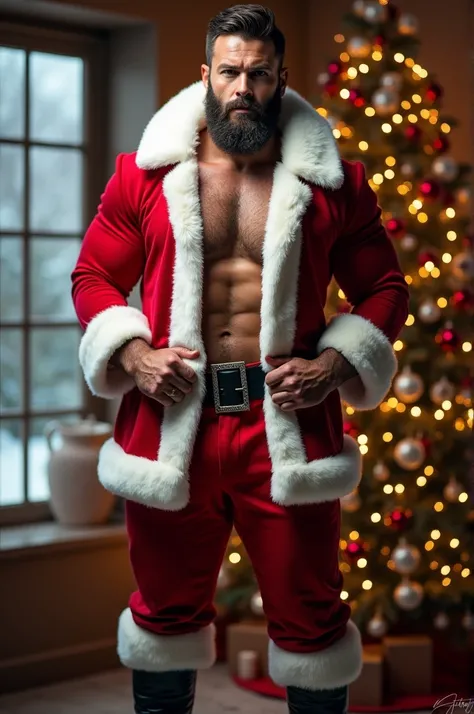 Hunk guy wearing santa costume