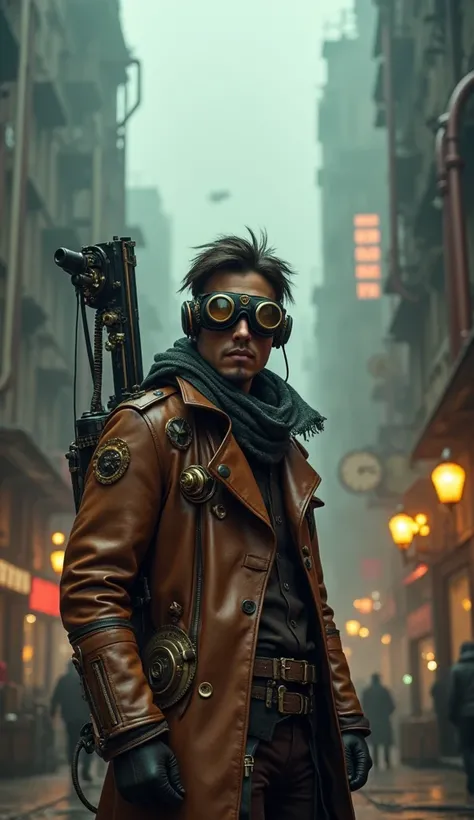 Create a breathtaking cinematic portrait of a steampunk bounty hunter standing resolutely in the heart of a dystopian city. The scene is set against a backdrop of towering, decaying skyscrapers entwined with rusted pipes and flickering gas lamps, casting a...