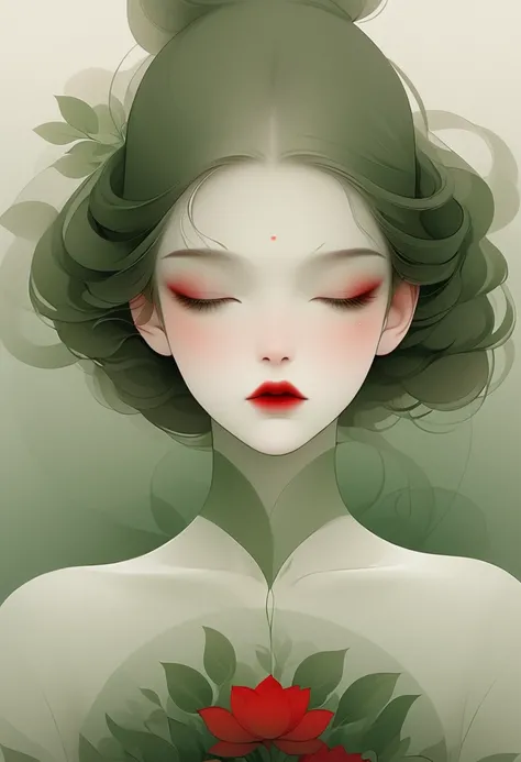 (masterpiece, best quality:1.2), 1 girl, Solitary,Pretty Face，Red lips，Minimalist Art Nouveau，Illustration style，green and red，Flowers