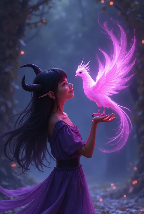 A purple flaming shadow phoenix sitting on a girls arm, who just summended her. The girl is a young demoness with two little horns poking out of her raven black hair, her chocolate brown eyes filled with joy seeing the bird, her dark brown skin reflected t...