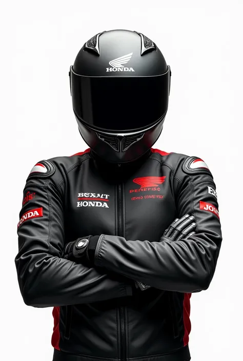 create a helmeted motorcyclist with arms crossed with png background with honda brand helmet and honda brand jacket 
