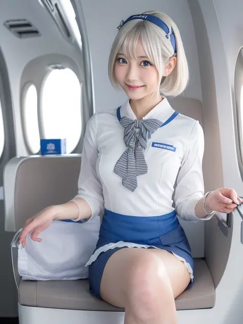 NSFW,Correct human anatomy,A young beautiful Japanese girl with short platinum silver hair,large clear eyes,droppy eyes,a balanced gaze,and a sweet smile,(wearing a detailed stewardess uniform:1.25),highly detailed and realistic,8k,ultra-detailed,photoreal...