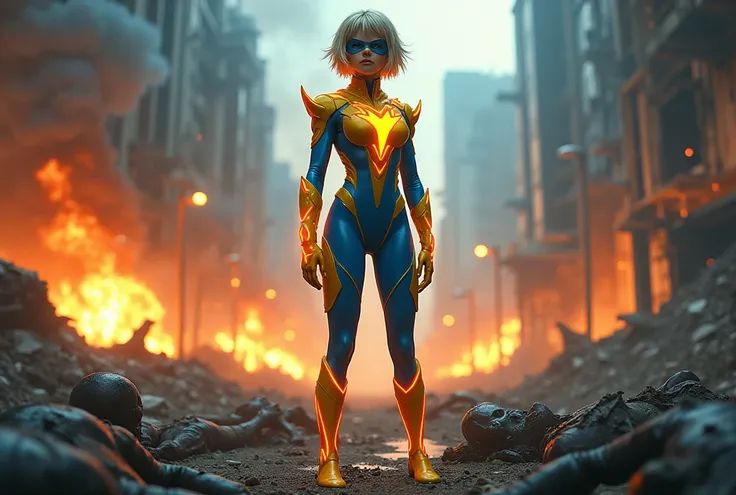 Masked japanese teen Short blonde haired female Superheroine with fire powers and a neon yellow and blue skintight costume is standing triumphantly over the body. An happy smirk crosses her lips. Evil wins, lots of dead bodies and destruction. 