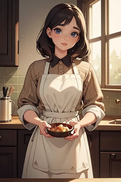 a woman tasting a dish, homely, unadorned woman, beautiful detailed eyes, beautiful detailed lips, extremely detailed eyes and face, long eyelashes, apron, standing in a kitchen, natural lighting, photorealistic, 8k, high quality, hyper detailed, warm colo...