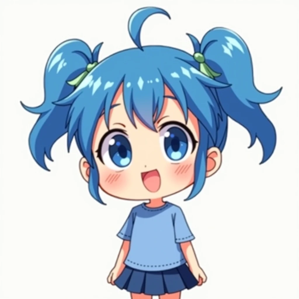 Chibi anime, thick outlines, 1girl, light blue hair, blue eyes, pigtails, blue shirt, pleated blue skirt, >w<