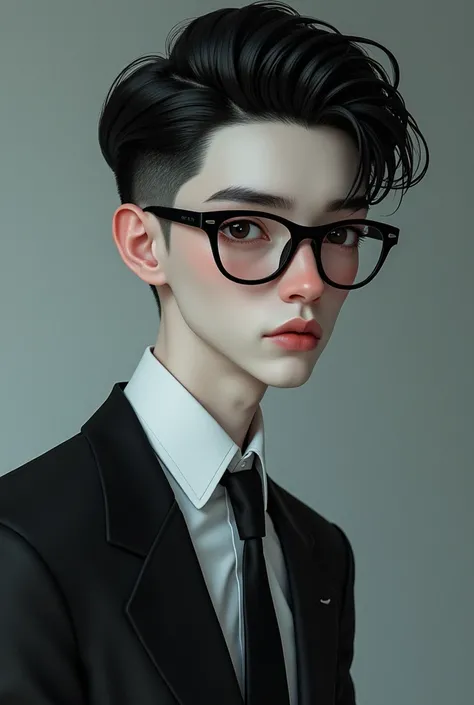 young guy, with blacks, with slicked back hair, black eyes, with black glasses and pale skin, dressed in a shirt and tie