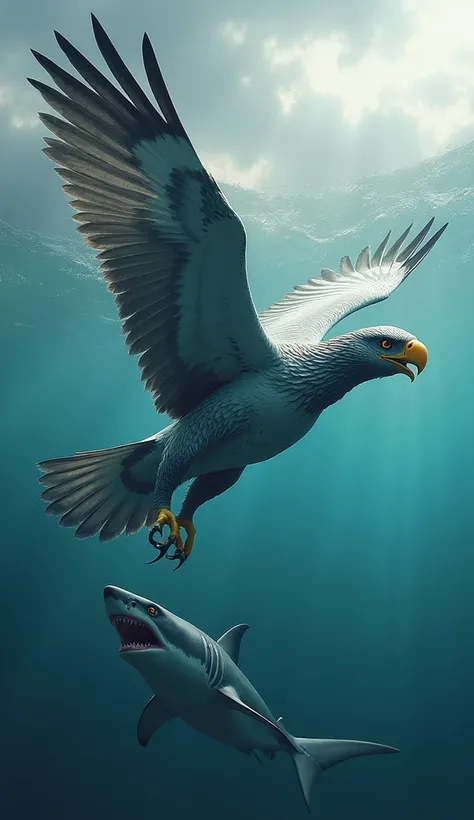 The hybrid of the eagle and shark is an ultimate force of nature, combining the unrivaled aerial agility of an eagle with the deadly aquatic prowess of a shark. It boasts the eagle’s powerful wings and razor-sharp talons, fused with the sleek, muscular bod...