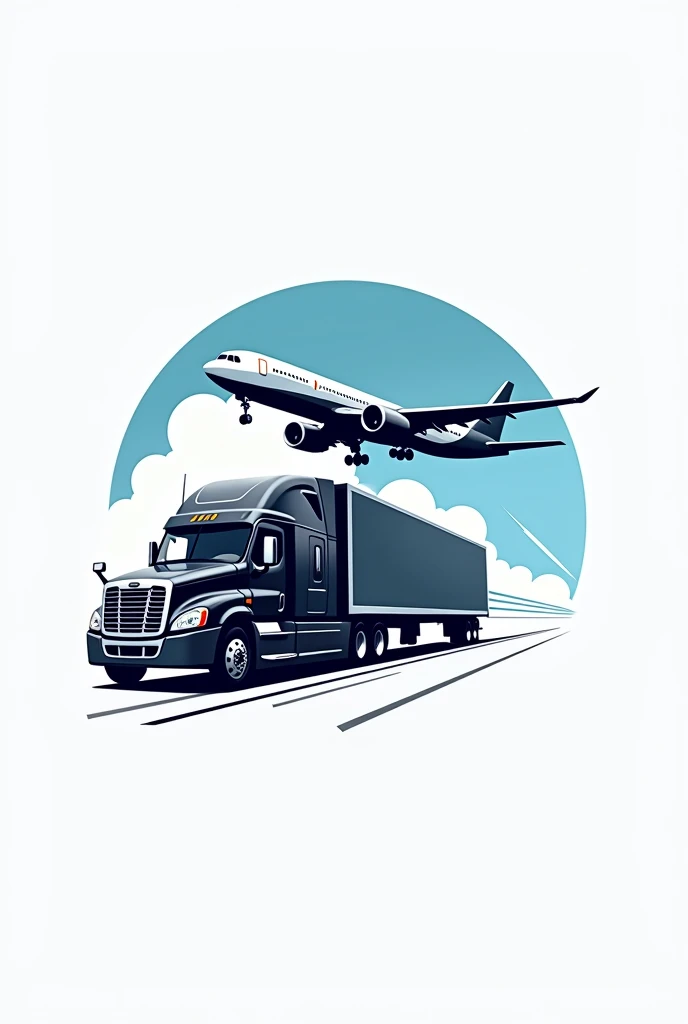 Create a logo for a Logistics company with a centralized truck and a. Airplane in the background with trail in the sky