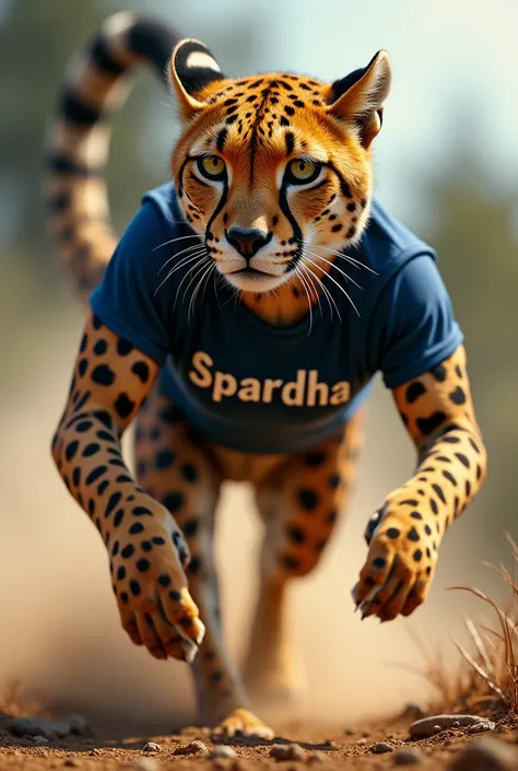 A  cheeta with  spardha written on his tshirt  flying 


