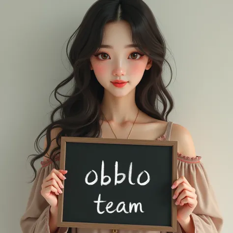 Beautiful girl japan with wavy long hair, bohemian dress, holding a black board with text "obblo team" and showing it to the viewer