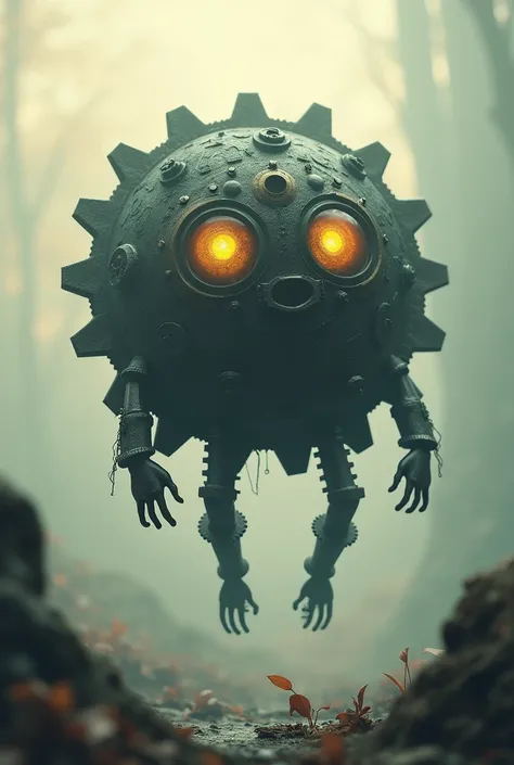 gear shape, two eyes, floating, small, without arms and legs