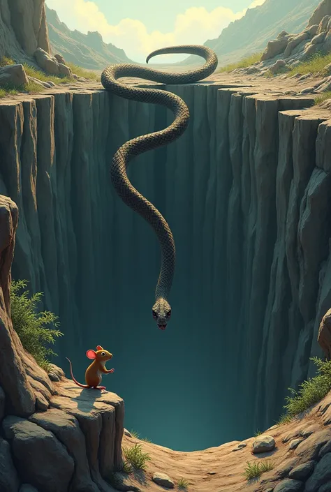 Illustrate the snake falling into a deep pit or chasm, with the mouse observing from a safe distance, looking relieved.