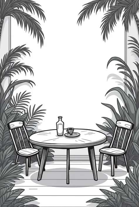 Create a picture of a move in black and white and in cartoon style, without figures only the table decorate the room with tropical. Pflanzen
