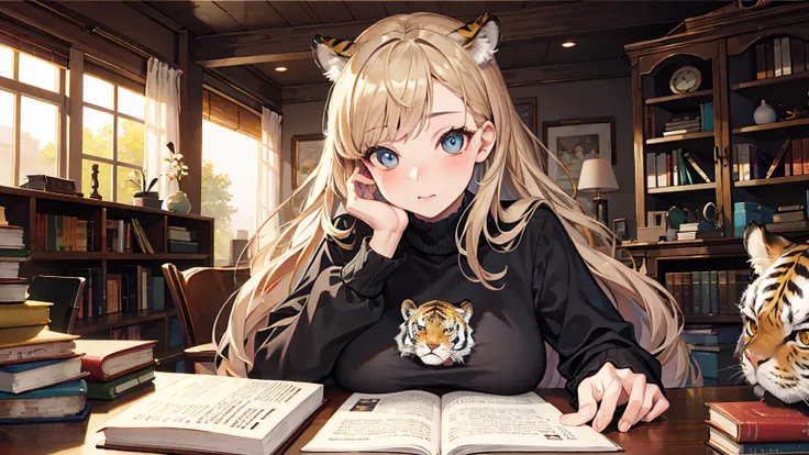 woman having big tits, tiger with a clear and detailed face having realistic eyes and mouth, aniaml, doll, cute, small, one room, warm, studying, books, coffee