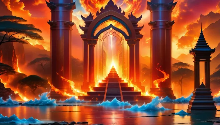 fantasy art, an epic ancient temple of god of light, with towers, holy symbols, glass artwork, pillars of fire, stream of water, sense of awe, admiration, diviinty, symmetric design