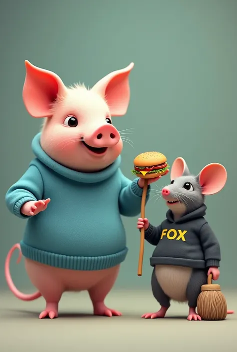 Make me a pig with a sky blue sweater holding a hamburger in one hand and in the other holding a rat dressed in the FOX brand and holding a broom in the other hand