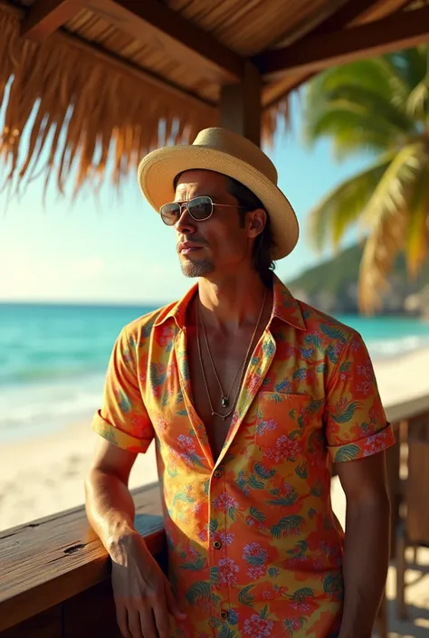 brad pitt, wearing beach shirt colorful, straw hat, standing near a outdoor bar, beach bakcground, surf movie shot