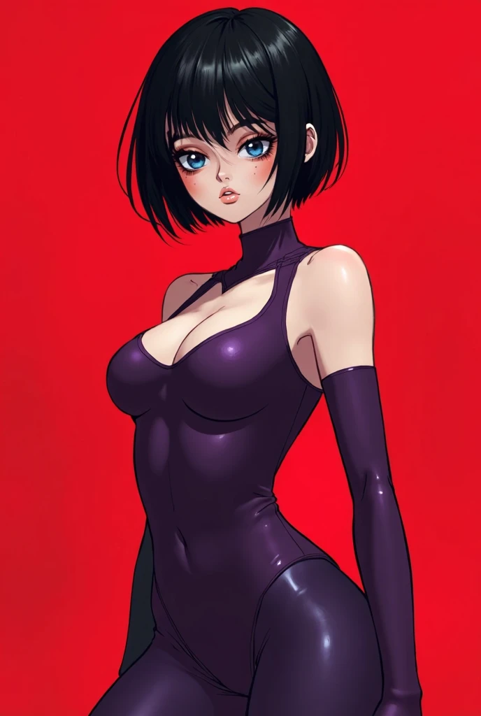 Tomboyish woman with a short black hair, white skin and bright blue eyes, beautiful face, wearing a deep purple body suit, icon style, red background, Kentaro Miura art style