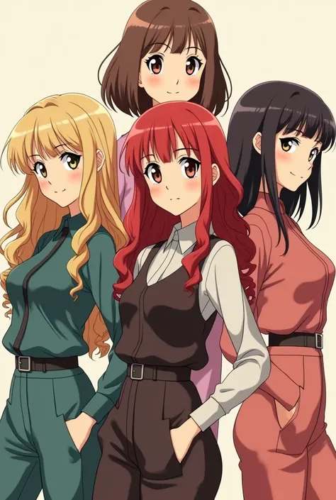 Create me four anime girls. One girl has long been, Curly hairs. The other girl has medium long straight, dark brown hair. The other girl has long red wavy hair and the other girl has medium long light brown wavy hair.All have a vintage style and stand lik...