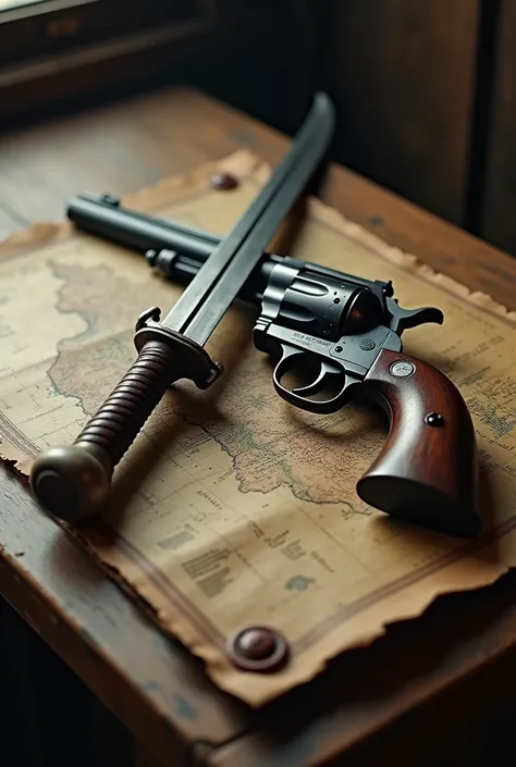 Sword and revolver on top of a map on a wooden table.