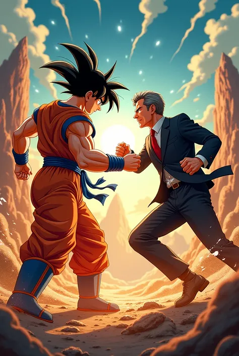 An epic fight between Goku and Andrés Manuel López Obrador, president of Mexico, in anime style 