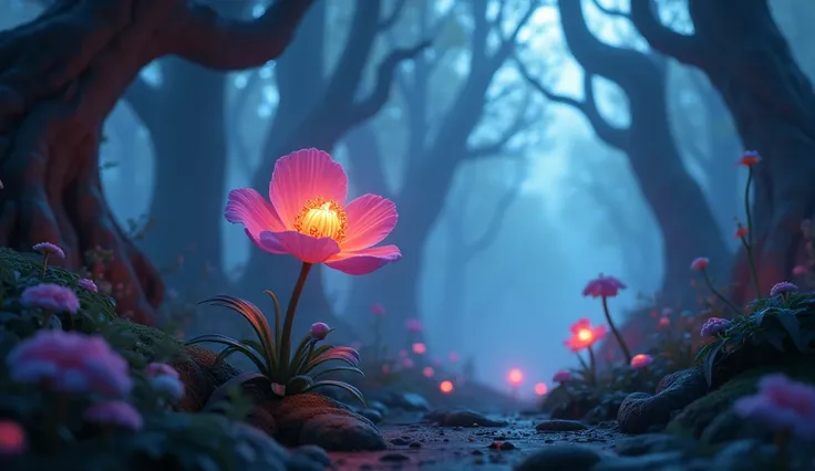 Picture  This flower was found only in a mysterious forest near the demon’s lair.**
    - Imagine a dense, mystical forest with an air of mystery, with the demon’s lair hidden somewhere in the shadows.
Cinematic cartoon 3d style 