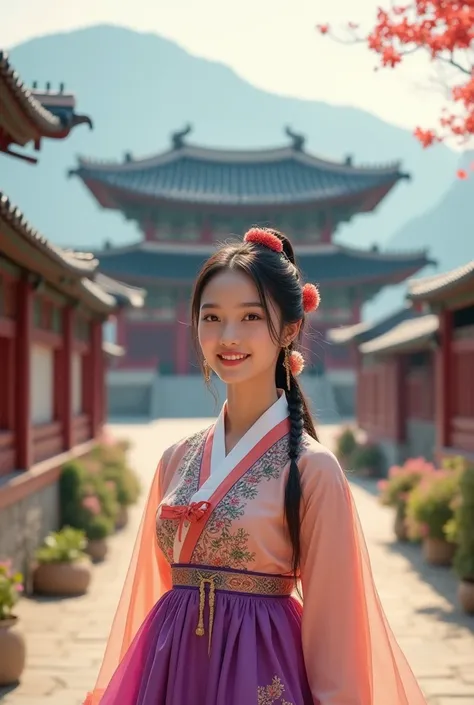 A typical Korean beauty in Korean national costume。Smiling while standing in front of a popular Korean tourist spot。