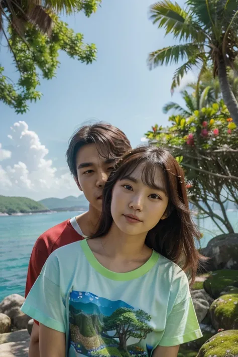 A realistic panoramic angle portrait photography of a beautiful Korean girl wearing a colorful t-shirt with a handsome Korean young man wearing a colorful t-shirt hugging in the middle of a vast and clear ocean surrounded by beautiful natural scenery, many...