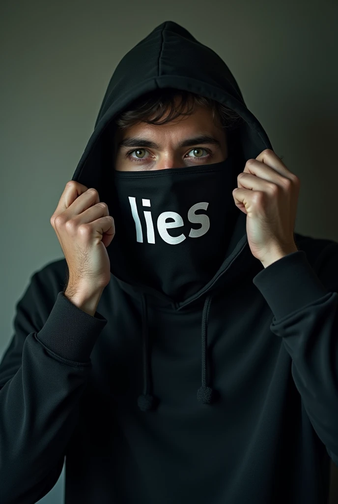 Young man with hood puts on a full face mask, which is full of the word: Lies