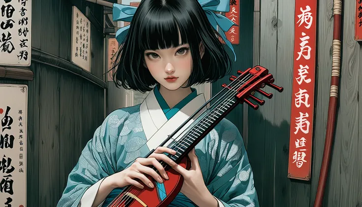 An illustration、art、Horror, Supervised by Junji Ito、Attention to detail, Realistic shadows、Analog Style, chromatic aberration, Surrealism、Hakama、Shamisen