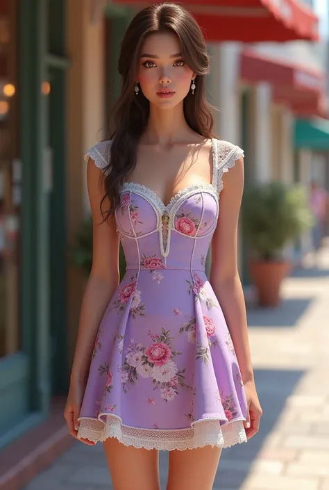 beautiful realistic adult woman, fit, long brunette hair in a bun, lavender floral print cap sleeve sweetheart neckline lace trimmed skater mini dress, sandals, waiting outside store, standing, sunny day, medium breasts