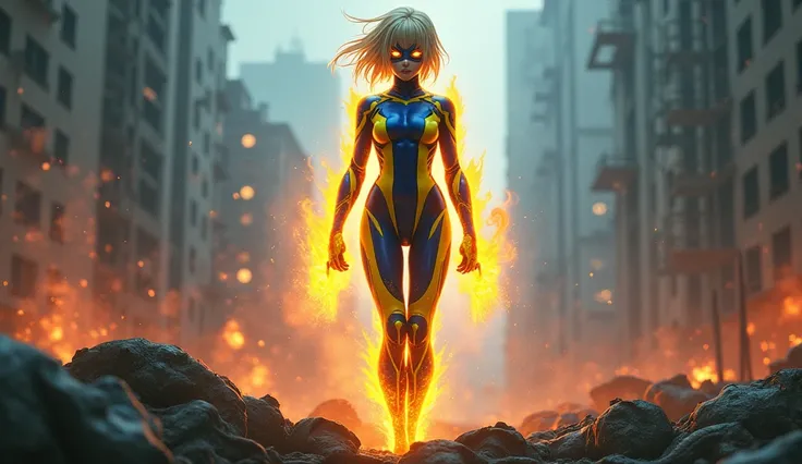 Masked japanese teen Short blonde haired female Superheroine with fire powers and a neon yellow and blue skintight costume is standing triumphantly over the body. An happy smirk crosses her lips. Evil wins, lots of dead bodies and destruction. 