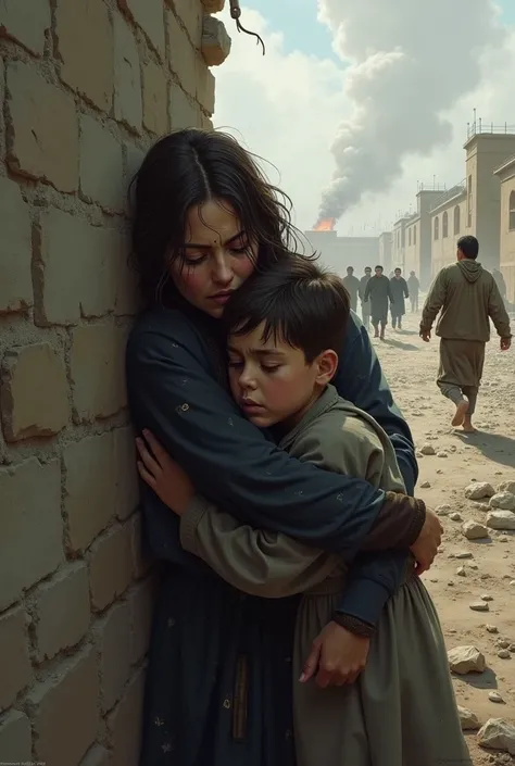 Create an image similar to the famous work in which a woman appears to be hugging her son behind a broken wall , while in the surroundings there are more people running desperate and in anguish because of a massacre 